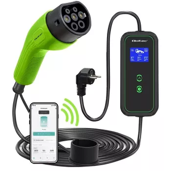 Qoltec mobilná nabíjačka pre elektromobily nastaviteľná 2v1 Type2 | 3,5kW | 230V | Wi-Fi | LCD | prenosná | wallbox | 5m