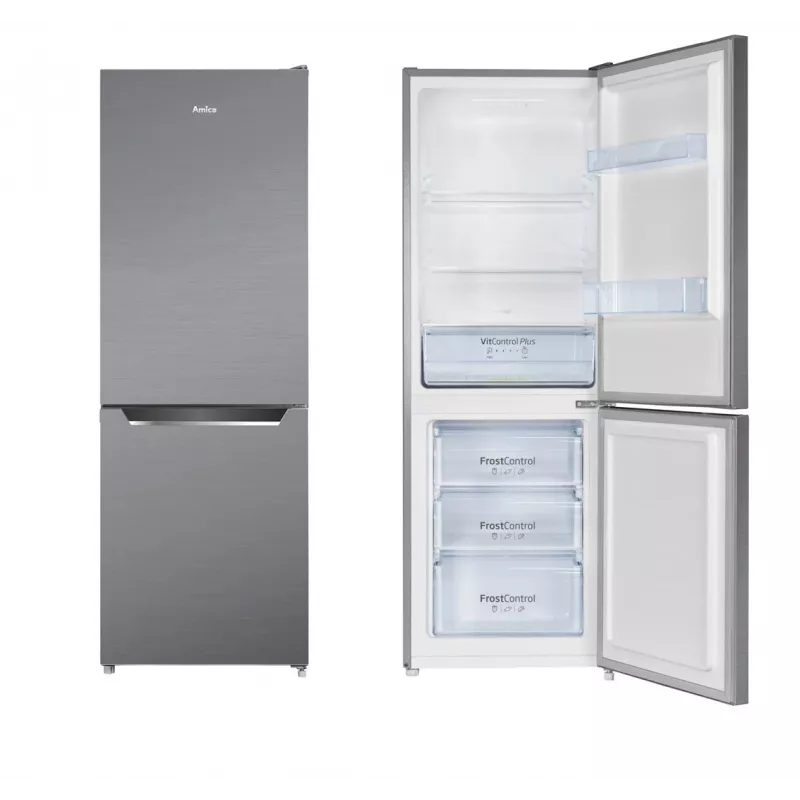 Amica FK2425.4UNTX(E) voľne stojaca chladnička s mrazničkou dole, 153 l chladnička + 74 l mraznička, FrostControl, energetická trieda E, strieborná