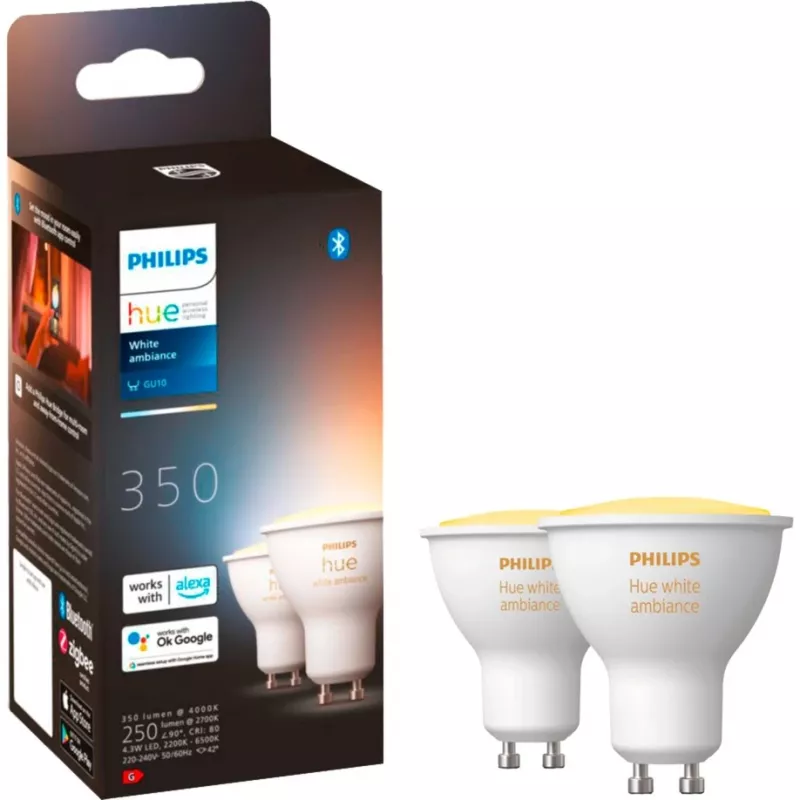 LED GU10 žiarovky dvojbalenie s Hue Bridge – Philips Hue White Ambiance, náhrada 35W