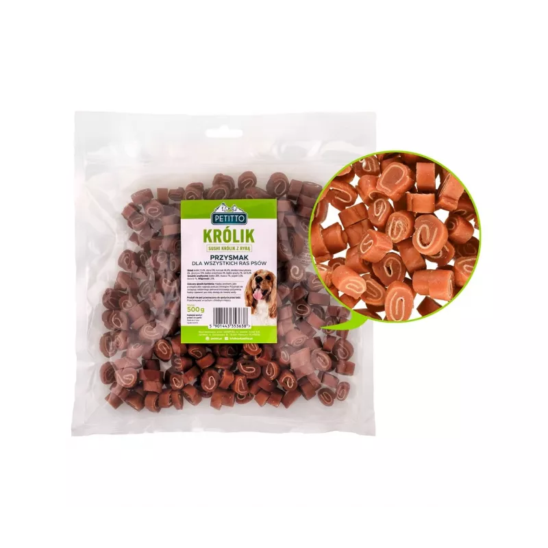 PETITTO Sushi z králika s rybou maškrta pre psov, 500 g