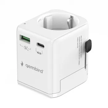 Cestovný napájací zdroj GEMBIRD TPA-EU1A1C20-01-W 20W, USB-A 18W + USB-C 20W, zásuvka Schuko, vstup 100–250 V