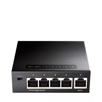 Sieťový switch Cudy GS105 — 5-portový gigabitový Ethernet (10/100/1000), čierny, 5 V DC napájací zdroj v balení