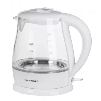 Elektrická kanvica BLAUPUNKT 1 L 1630 W biela — sklenené telo, 360° základňa, tlačidlové otváranie