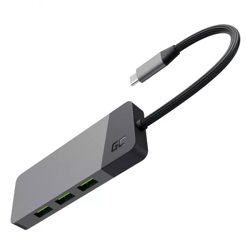 USB‑Type‑C hub Green Cell HUBGC01 — 7 portov: 3×USB‑A 3.2 Gen 1, 1×USB‑C 3.2 Gen 1, HDMI, microSD+SD čítačka kariet — strieborný
