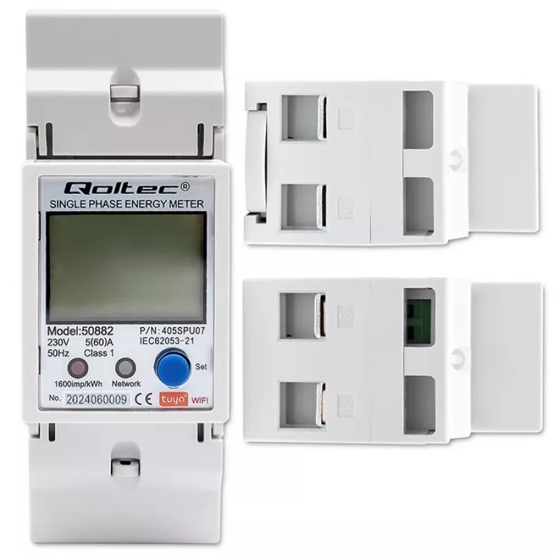 Qoltec 50882 Jednofázový elektronický merač spotreby energie na lištu | Wi-Fi | TUYA | 230V | LCD