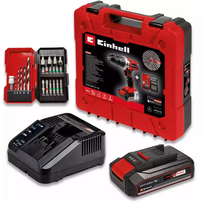 Einhell TE-CD 18/2 Li-i +22 akumulátorová príklepová vŕtačka-skrutkovač 18 V, 1250 ot./min, vrátane 2,5 Ah akumulátora, nabíjačky a kufríka, červená/čierna