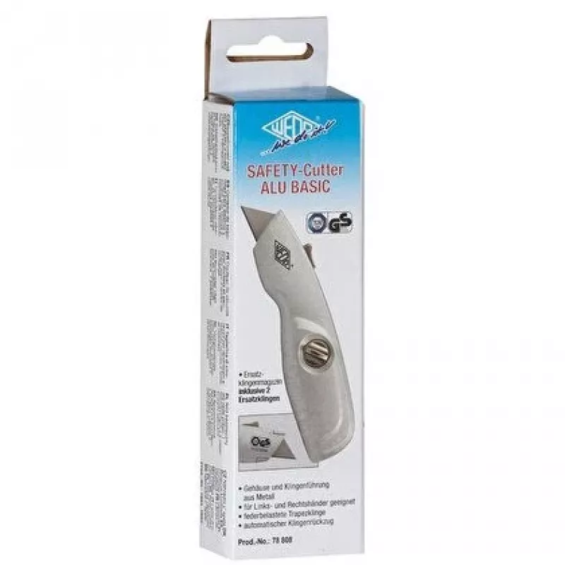 WEDO 78808 Safety-Cutter ALU univerzálny nôž, lichobežníková čepeľ, pružinová, automaticky sa zasúvajúca, 2 náhradné čepele, TÜV/GS, strieborný