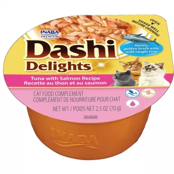 Mokré krmivo pre mačky INABA Dashi Delights tuniak s lososom recept, 70 g, doplnkové mokré krmivo, 90 % vlhkosť, bez lepku a sóje