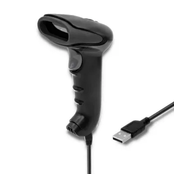 Ručný čítač čiarových kódov QOLTEC 50866 — 1D laserový skener, USB káblový, dosah 600 mm, čierny, 161,5×88×77 mm