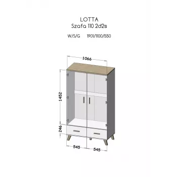 Šatníková skriňa cama meble LOTTA 2D2D, 2 dvere, rám dub Sonoma s bielymi frontmi, 1100×550×1900 mm