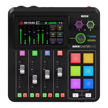 Štúdiový kontrolér RØDE Caster Duo čierny — 2 Combo XLR/TRS, 2 TRS Line výstupy, 48 kHz, 24-Bit, dotykový displej, Wi‑Fi, Bluetooth