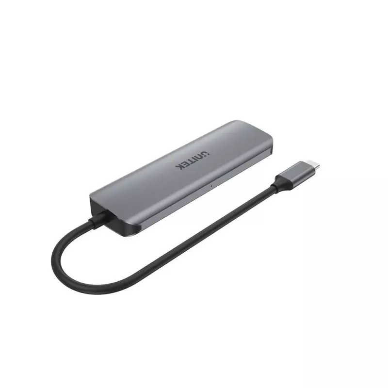 USB hub Unitek P5+ — 5 portov (4 × USB 3.2 Gen 2 Type-A), USB 3.2 Gen 1 host, 5 Gbit/s, 10 W PD, hliník, sivý