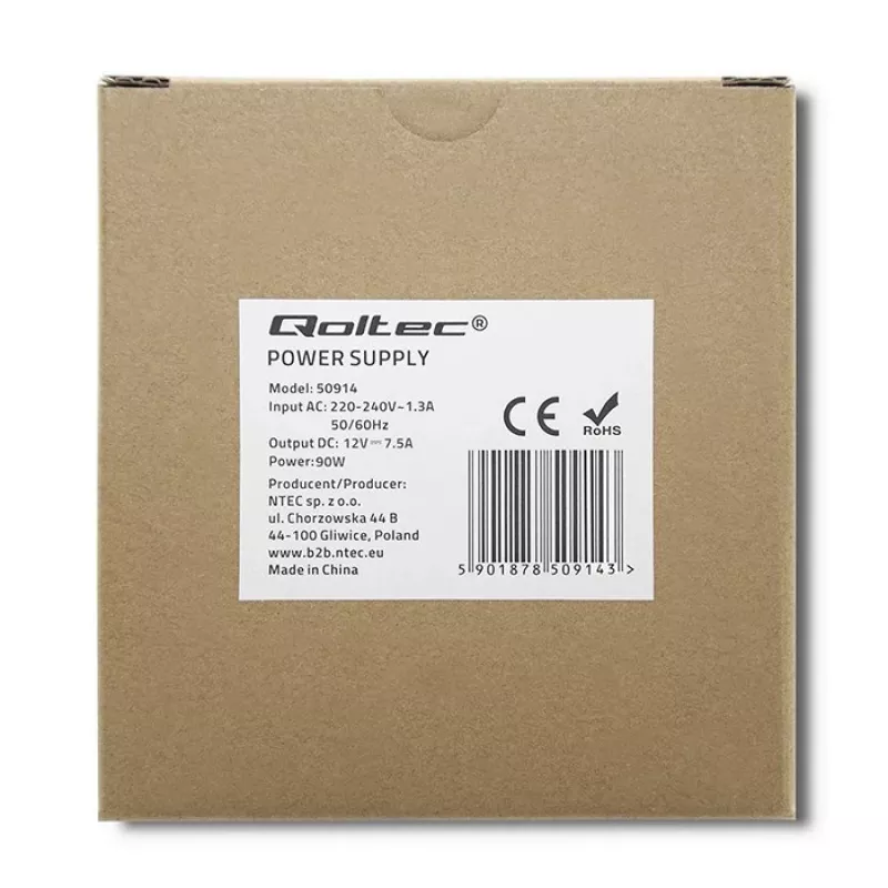 Qoltec 50914 lištový napájací zdroj | 90W | 12V | 7,5A | biely | tenký