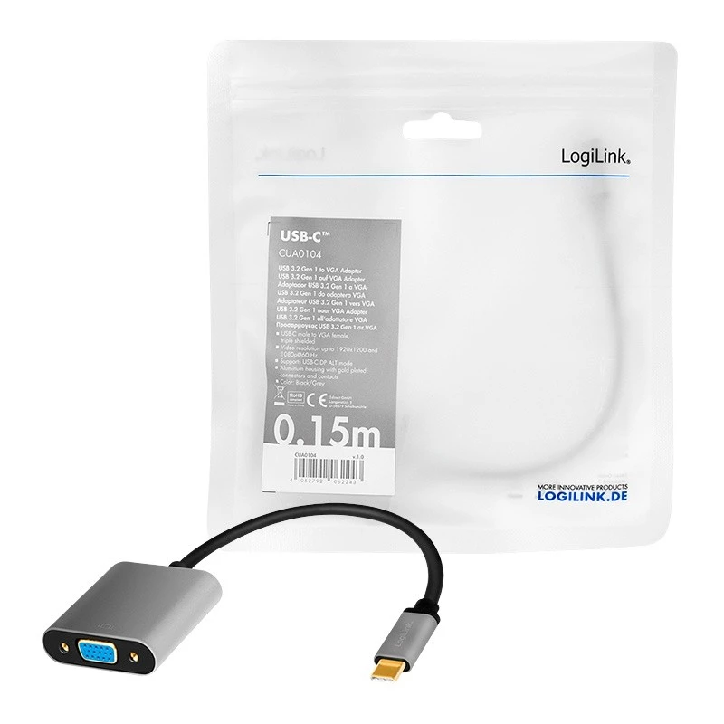 USB Type-C na VGA (D-Sub) video adaptérový kábel LOGILINK CUA0104 0,15 m, sivý/čierny