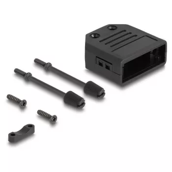 Káblové puzdro DELOCK D-Sub puzdro pre 9-pólový konektor samec/samica, plast s odľahčením kábla, 33,3×33,8×14,8 mm, čierne
