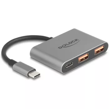 USB hub DELOCK 64337 — USB 3.2 Gen 2 Type-C host, 3 porty (Type-C + 2× Type-A), 10 Gbit/s, sivý, kovové puzdro
