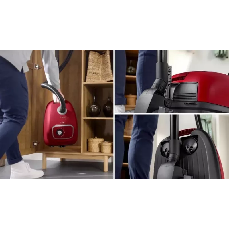 Vysávač Bosch BGB 41RD3H — 600 W, 4 l vrecko, HEPA filter, 11 m akčný rádius, teleskopická trubica, červený