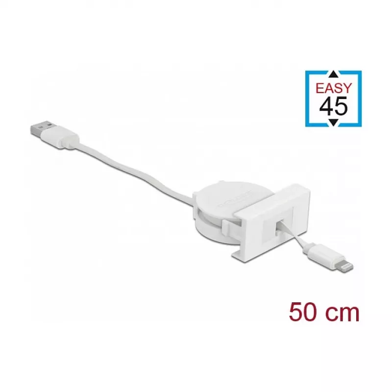 Kábel DeLOCK Easy 45 modul USB 2.0 zasúvací kábel USB Type-A na 8 Pin Lightning konektor samica biely