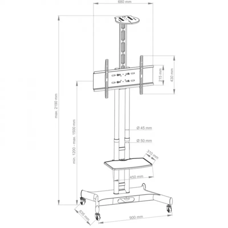 Hagor 8209 HP Twin Stand mobilný podlahový stojan pre displeje 32-55 palcov (81-140 cm), 45 kg, výškovo nastaviteľný, čierny