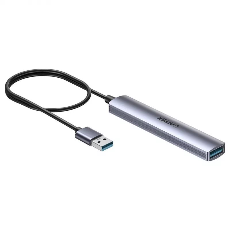 USB hub Unitek H1208CGY01 — 4-portový USB 3.0 (5 Gbit/s), spätne kompatibilný s USB 2.0, hliník