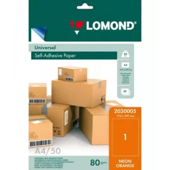 Lomond samolepiace papierové univerzálne etikety, 1/210x297, A4, 50 listov, oranžová neónová