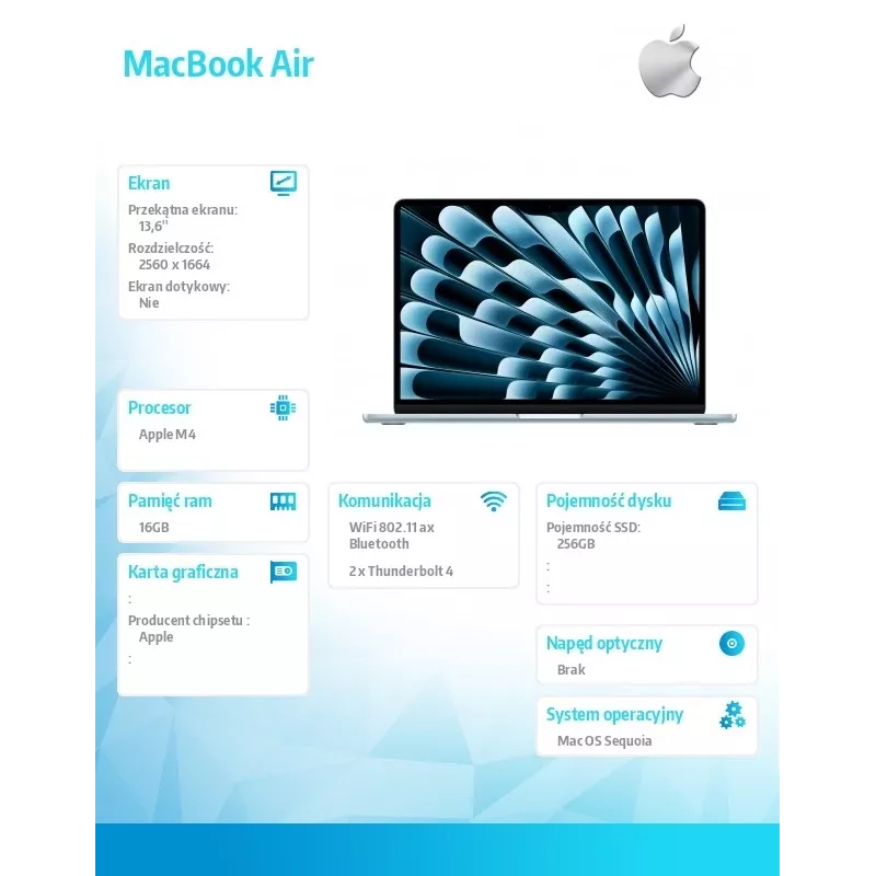 Apple MacBook Air 13 palcov: čip M4 s 10-jadrovou CPU a 8-jadrovou GPU, 16 GB, 256 GB SSD – nebeská modrá