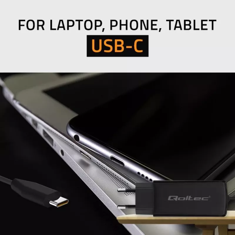 GaN 90W nabíjačka QOLTEC 52420 USB-C PD 5–20V 3A/4,5A výstup, 220–240V vstup, 1,8 m kábel, čierna