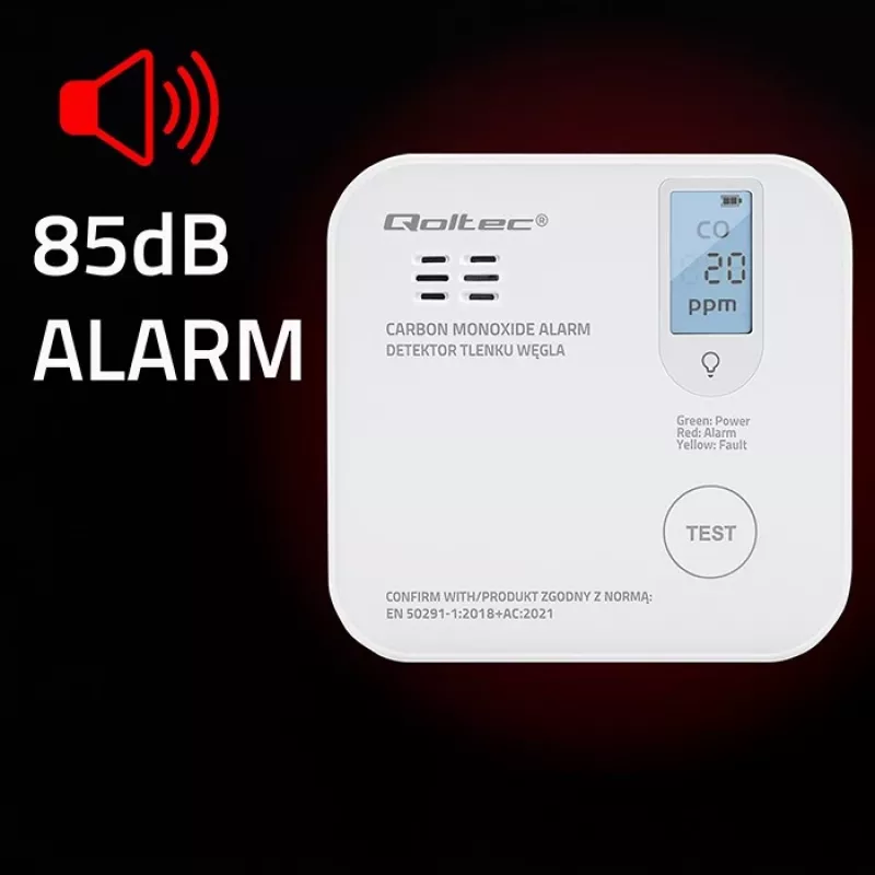 Senzor oxidu uhoľnatého QOLTEC 52577 — alarm na batérie, hladina zvuku 85 dB
