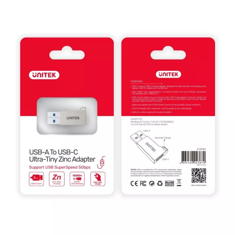 Unitek A1034NI adaptér USB-A samec na USB-C samica, USB 3.1 Gen1, strieborný