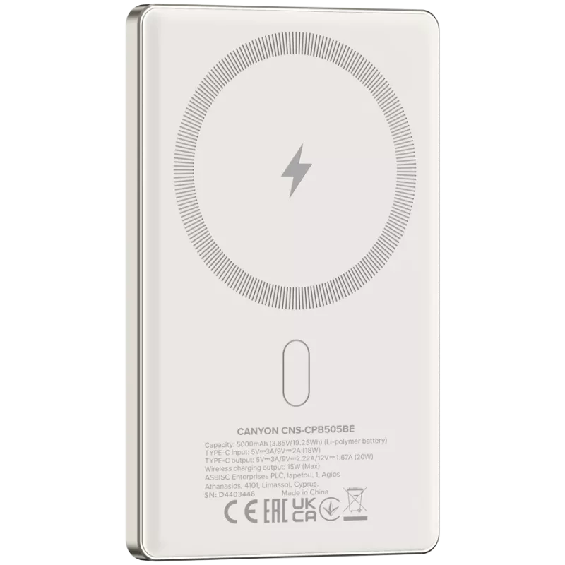 Canyon OnPower 505 - powerbanka - 5 000 mAh - vstup USB-C - výstup USB-C PD 20W + Wireless Magnet 1