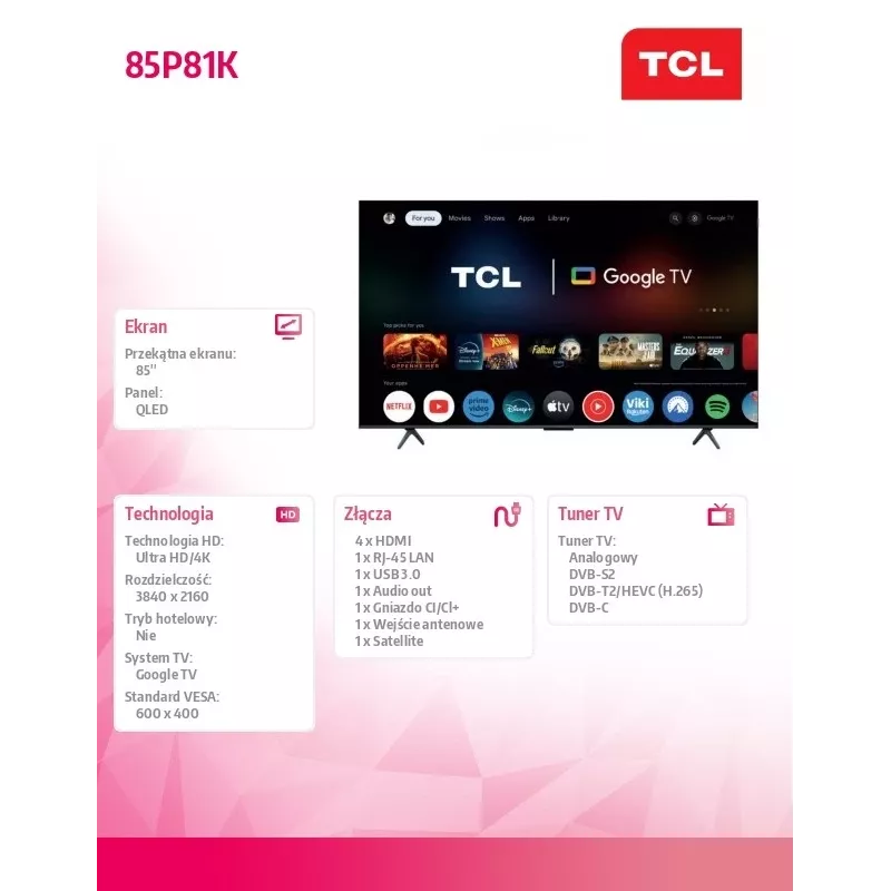 TV TCL 85P81K 85 palcov QLED 4K, energetická trieda F