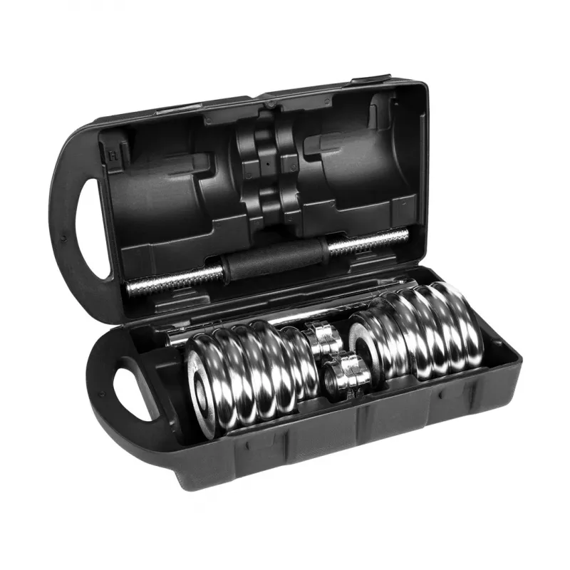 REBEL ACTIVE Chrome nastaviteľné jednoručky v kufríku 15 kg s dlhou tyčou