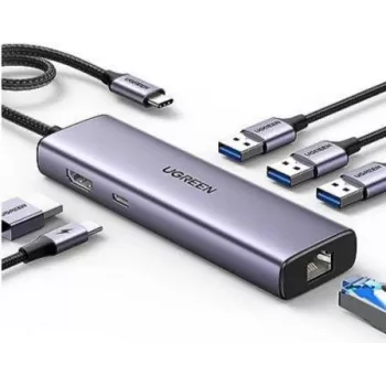 Ugreen 15598 USB 3.2 Gen 1 Type-C hub HDMI RJ-45 USB 3.0 strieborná