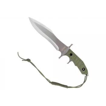Pevný nôž Cinema Classic CC-H5 Rambo V — prežívací nôž, oceľová čepeľ 230 mm, celková dĺžka 385 mm, zelený polymérová rukoväť, kožené puzdro