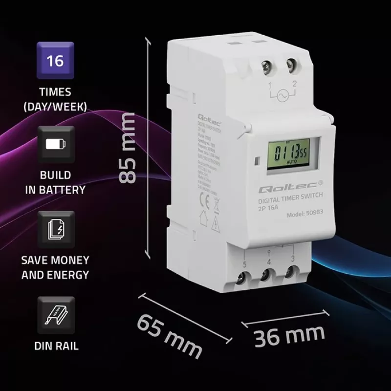 Elektronický časový spínač na DIN lištu QOLTEC 50983, na batérie, pre automatizačné obvody