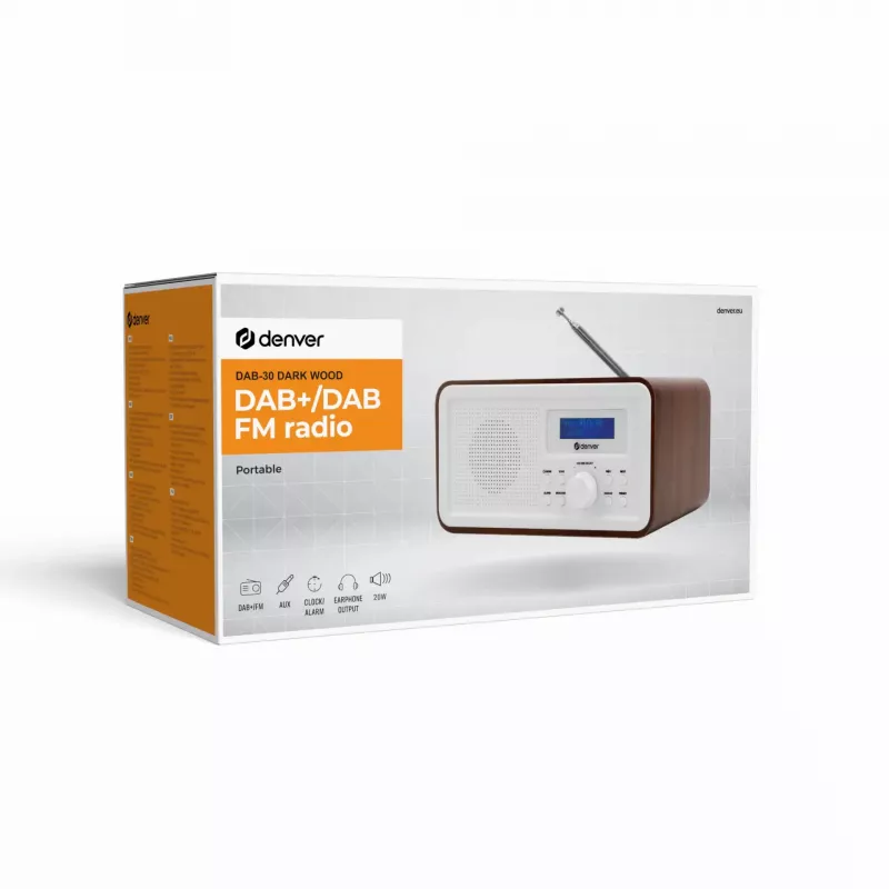Rádio DENVER DAB-30DW DAB/UKW stolové rádio s tmavým dreveným povrchom