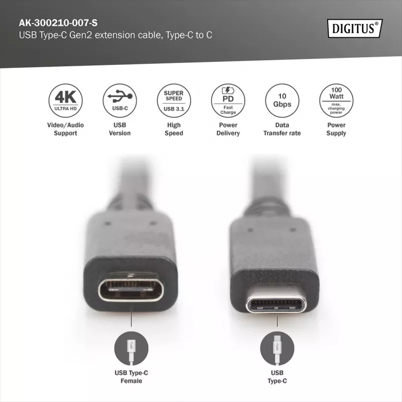USB Type-C predlžovací kábel Digitus AK-300210-007-S 0,7 m