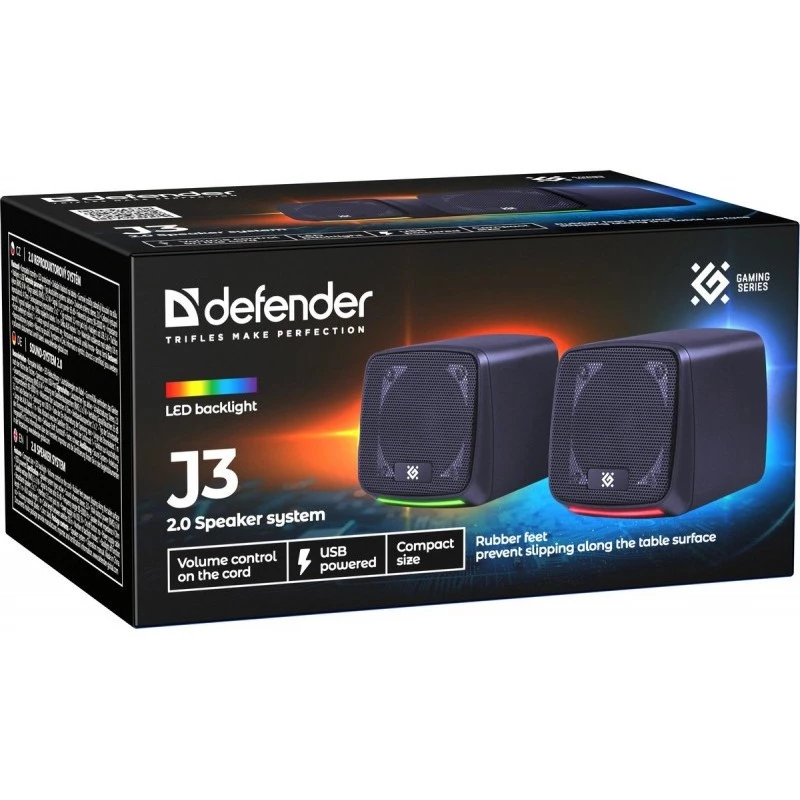 Defender J3 2.0 počítačové reproduktory, 6 W, LED, napájanie cez USB, AUX, 90–20000 Hz, čierne