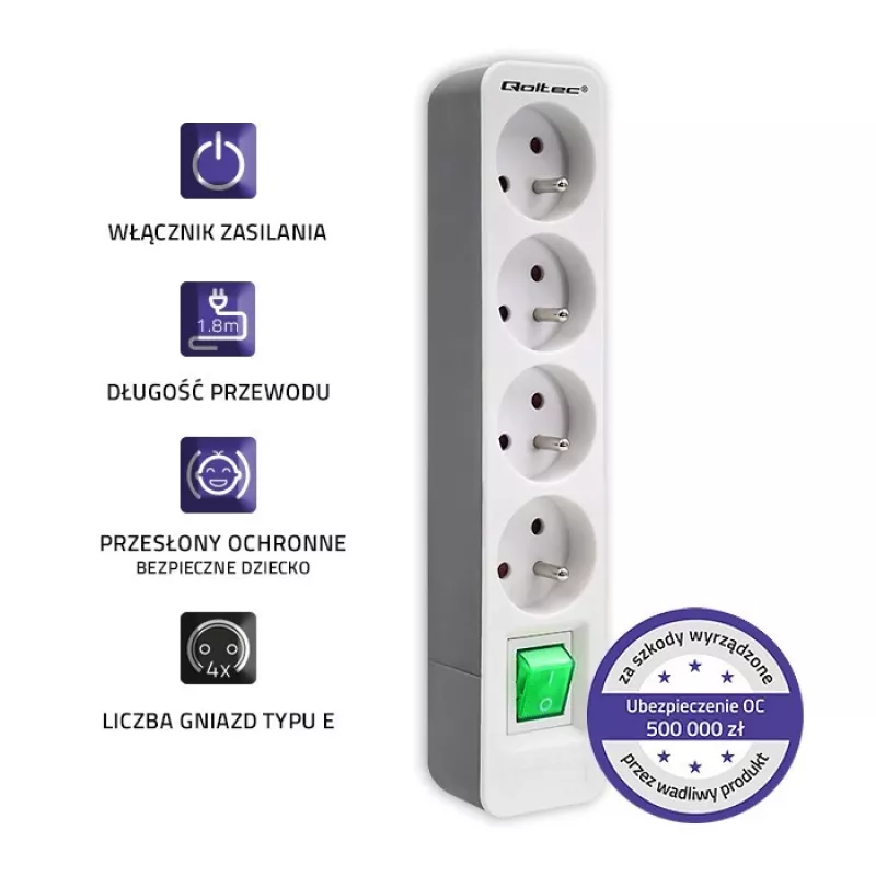 Predlžovací kábel Qoltec 50288 1,8 m 4 AC zásuvky interiér biely