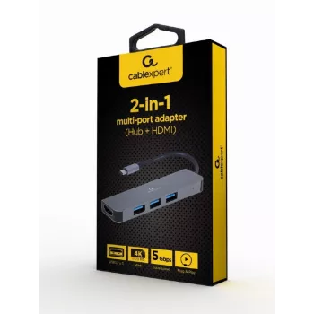 USB-C dokovacia stanica pre notebook GEMBIRD A-CM-COMBO2-01 — USB 3.2 Gen 1 Type-C, 3× USB-A, 1× HDMI, sivá