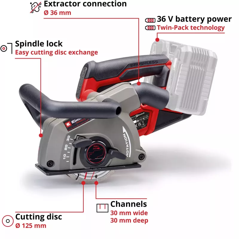 Drážkovacia fréza na murivo EINHELL TP-MA 36/30 Li BL-Solo 36 V, bez kábla, bezkartáčový motor, model 4350800