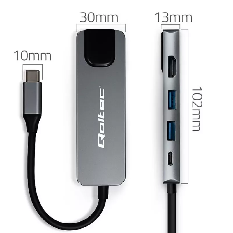 USB-C hub QOLTEC 53795 5-in-1 s 100W PD, 2×USB-A, HDMI 4K, RJ45