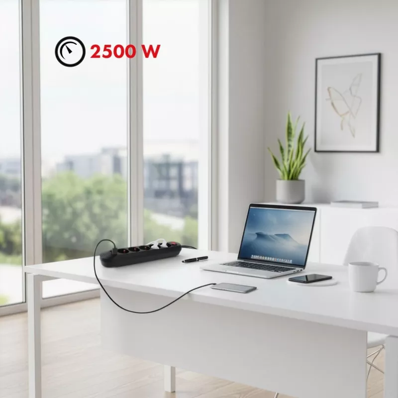 Predlžovacia zásuvka MACLEAN MCE395 B — 5 zásuviek, 3×USB, 110–240V AC, 2,1A USB, 2500W, 1,5 m kábel, čierna