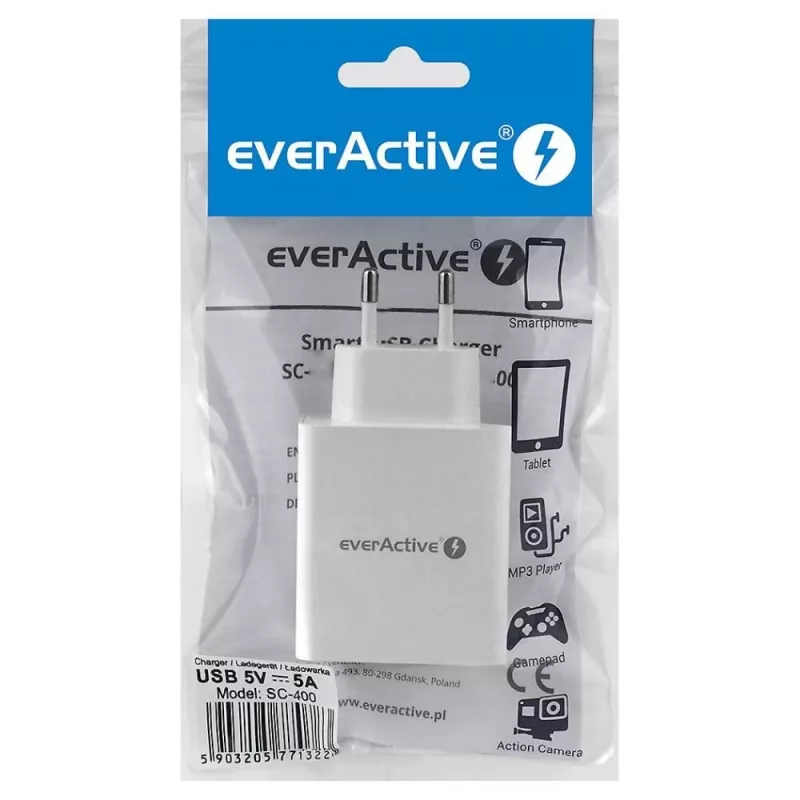 everActive nabíjačka telefónu SC400 so 4x USB portami, 5A celkový výstup, biela