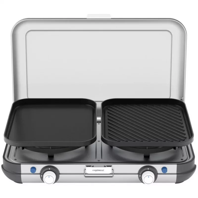 Prenosný grilovací varič Campingaz 2213311, 2 zóny, 5,4 kg, 490×350 mm, čierny/sivý/strieborný