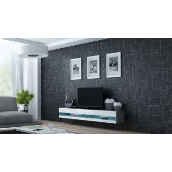 TV stojan Cama Meble VIGO NEW 30/140/40 — 1400×400×300 mm, sivý vrchná doska, drevotrieska, sivý rám, biele vysokolesklé predné dvere