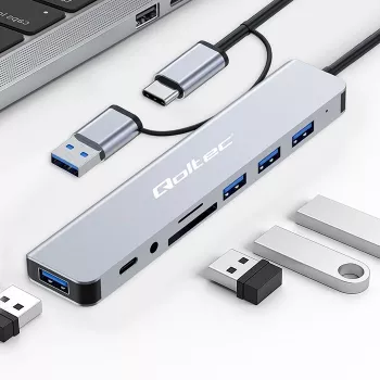 QOLTEC USB-C hub 4x USB + SD/TF čítačka kariet model 53794