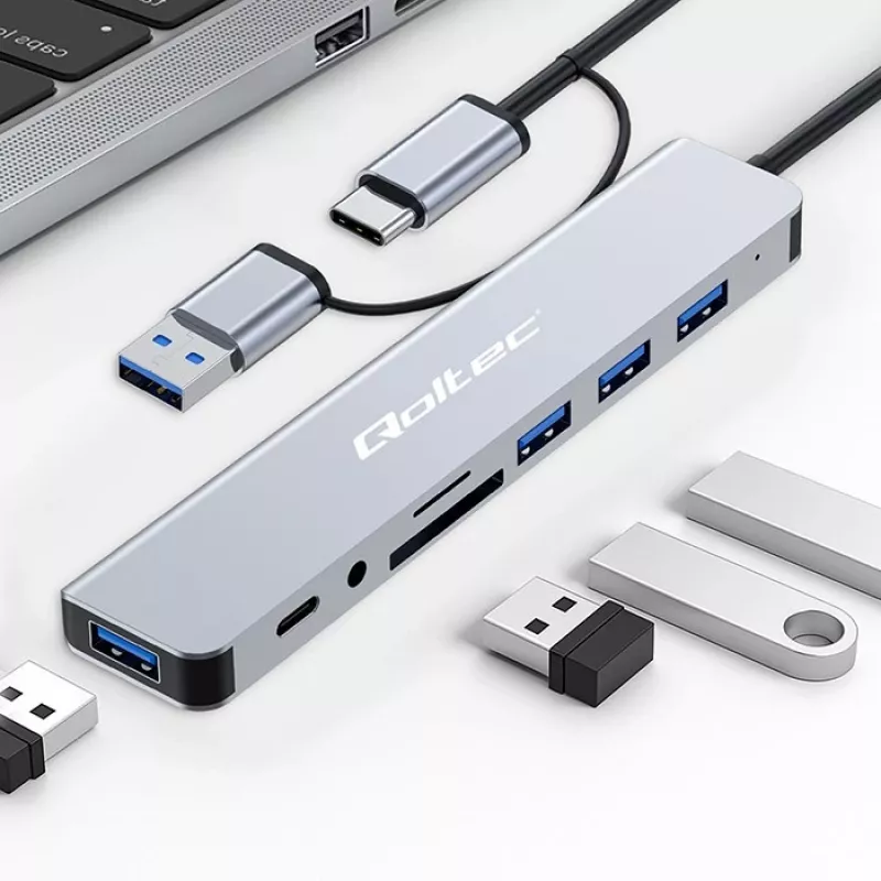 QOLTEC USB-C hub 4x USB + SD/TF čítačka kariet model 53794