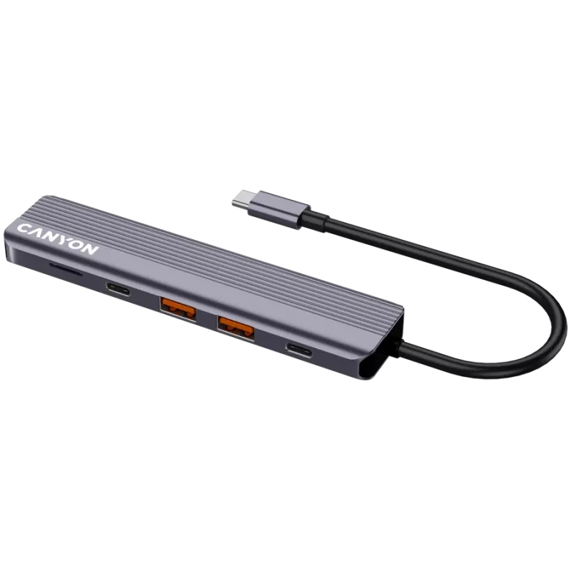 USB Type-C hub CANYON DS-17 — HDMI, USB 3.2 Gen 1 A, USB-C, MicroSD, 10000 Mbit/s, sivý