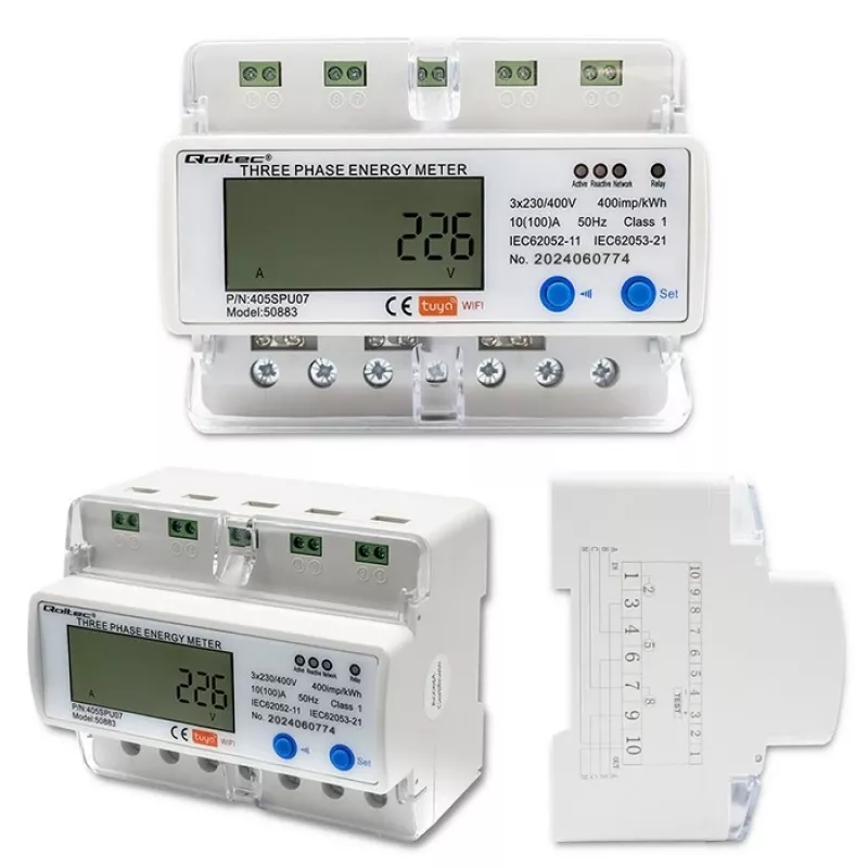 Trojfázový elektromer QOLTEC 50883 Wi‑Fi 400V s LCD displejom